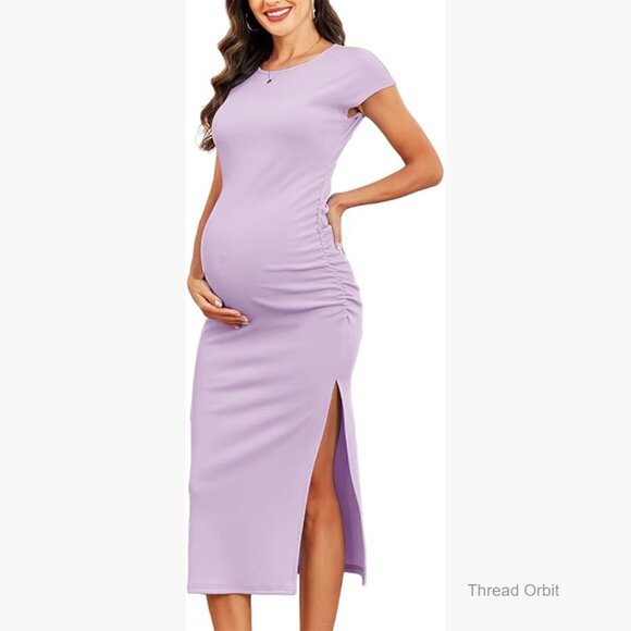 Dresses & Skirts - Maternity Maxi Dress Ribbed Ruched Split Side Casual Pregnancy Wear